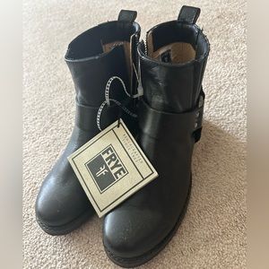 Black leather moto boots by Frye .  Size 6, never worn .  Excellent condition !